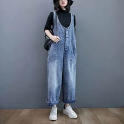 Denim Jumpsuits for Women Autumn Oversized Solid Playsuits Loose High Waist Wide Leg Pants Overalls for Women Clothes One-pieces