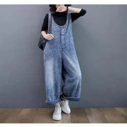 Denim Jumpsuits for Women Autumn Oversized Solid Playsuits Loose High Waist Wide Leg Pants Overalls for Women Clothes One-pieces