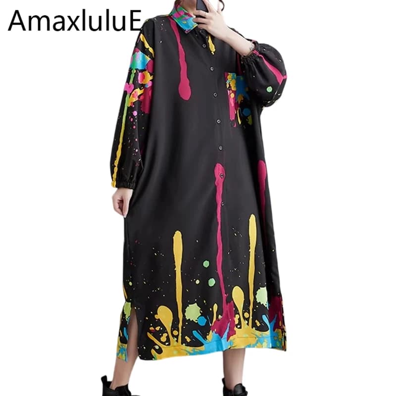 Amax luluE 2025 Autumn Luxury Streetwear Womens Fashion Loose Printed Design Dresses Ladies Casual Vintage Classic Long Vestidos