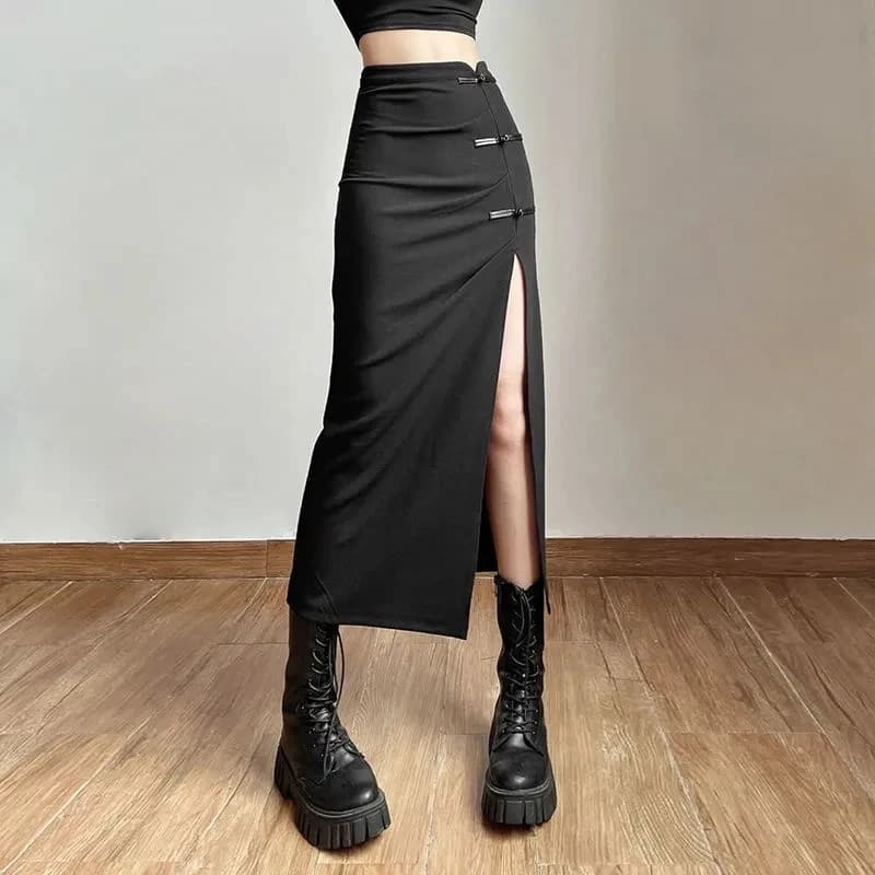 Y2K Black Sexy Split midi Skirts summer Casual Korean Slim a line skirts Gothic high waist streetwear All Match skirts
