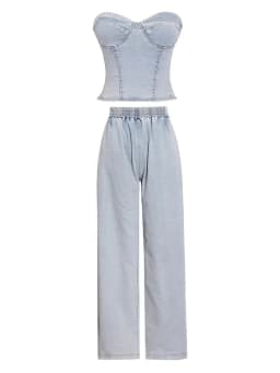 Vintage Denim Two Piece Sets Women Sleeveless Strapless Slim Fit Vest Top and Elastic High Waist Pocket Straight Wide Leg Pants