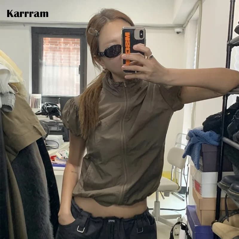 Karrram Japanese Y2k Cargo T-shirt Korean Popular Short Sleeve Zipper Tops Vintage 2000s Sun Protection Thin Jacket High Street