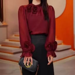 Sexy Puff Sleeve Long Sleeve O-Neck 3D Floral Pleated Blouse Slim Elegant Fashion Basic Chic Spring Summer Women Chiffon Shirt