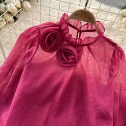 Sexy Puff Sleeve Long Sleeve O-Neck 3D Floral Pleated Blouse Slim Elegant Fashion Basic Chic Spring Summer Women Chiffon Shirt
