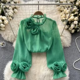 Sexy Puff Sleeve Long Sleeve O-Neck 3D Floral Pleated Blouse Slim Elegant Fashion Basic Chic Spring Summer Women Chiffon Shirt