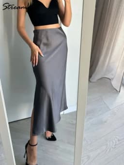 Streamgirl Maxi Solid Slit Skirts For Women Long Elegant Summer Office Champagne Satin Skirts Elastic Waist Women's Summer Skirt