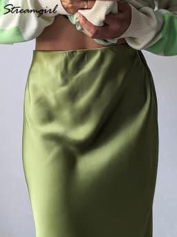 Streamgirl Maxi Solid Slit Skirts For Women Long Elegant Summer Office Champagne Satin Skirts Elastic Waist Women's Summer Skirt