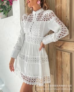 Fashion Womens Dress New 2023 White Hollow Pattern Spliced Long Sleeve Shirt Dresses for Women