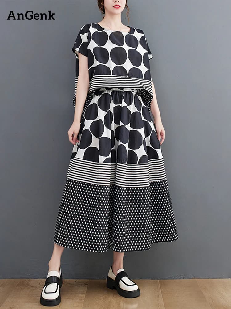 Oversized Vintage Print Loose 2 Two Piece Set Summer Short Sleeve Casual T Shirt Women T-shirt Fashion Clothing Skirt Suit 2026