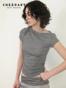 CHEERART Grey Solid T Shirts Woman 2025 Summer Slash Neck Short Sleeve Crop Top Designer Tees Fashion Clothes