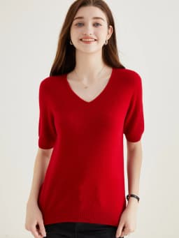 Women's Sweater 100% Merino Wool Sweater for Women Pullover Short Sleeve Tops Spring Summer V Neck Soft Knitted Female Clothing