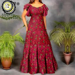 African Dresses for Women Short Sleeve High Waist Dashiki Outfits Ankara Print Attire Maxi Dress Party Wedding Evening A2225021