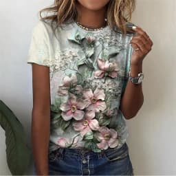 Floral Plants Pattern T-Shirt For Women Flower 3D Printed T Shirts Summer Casual Round Neck Tops Short Sleeves Oversized Tees