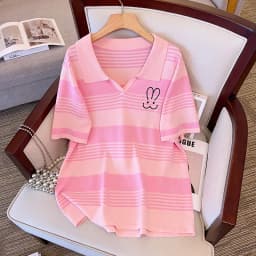 Plus Size Women's Bust 160 Summer Loose Ice Silk Knitted Striped Top Short Sleeve Lapel T-Shirt 5XL 6XL 7XL 8XL 9XL 10XL 170Kg