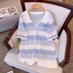Plus Size Women's Bust 160 Summer Loose Ice Silk Knitted Striped Top Short Sleeve Lapel T-Shirt 5XL 6XL 7XL 8XL 9XL 10XL 170Kg