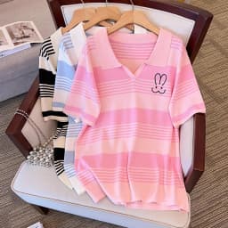 Plus Size Women's Bust 160 Summer Loose Ice Silk Knitted Striped Top Short Sleeve Lapel T-Shirt 5XL 6XL 7XL 8XL 9XL 10XL 170Kg