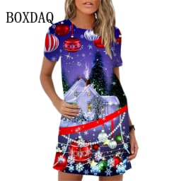 Cute Christmas Red Snowman Print Women Dress Summer Sundres Ladies Mini Dress Colored Christmas Tree Snowman Casual A-Line Dress