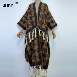WINYI New Africa Winter Women Tassel Cardigan Coat Loose Christmas Dress Robe Longue Thick Warm Free Size Orange Printing Kaftan