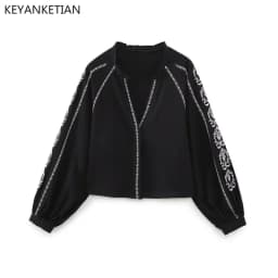 KEYANKETIAN Spring New Ethnic Style Embroidered Lantern Sleeve Black Shirt Women's V-Neck Long-Sleeved Pullover Smock