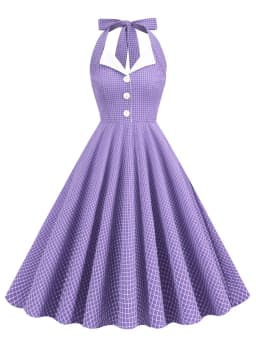 Tonval Button Up Plaid Vintage Fit and Flare Dress Summer Women Pinup Robe Halter Backless Evening Party Pockets Dresses