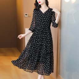 Summer Black Print Polka Dot Silk Midi Dress Women Elegant Bodycon Ruffled V-Neck Dress 2024 Vintage Hepburn Party Evening Dress