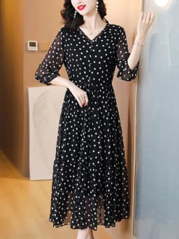 Summer Black Print Polka Dot Silk Midi Dress Women Elegant Bodycon Ruffled V-Neck Dress 2024 Vintage Hepburn Party Evening Dress