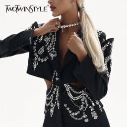 TWOTWINSTYLE Hollow Out Patchwork Diamonds Blazers For Women Notched Collar Long Sleeve Spliced Button Temperament Blazer Female