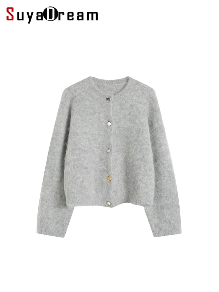SuyaDream, Women Cardigans, 78%Alpaca, O Neck, Single breasted Solid Sweaters, 2025 Fall Winter Warm Jackets, White, Grey, Pink