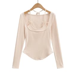 Sexy long sleeve top white korean fashion halter top cropped fake 2 pieces Fall outfits women t shirts crop top pink bow tie