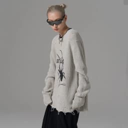Karrcat Spider Print Harajuku Thick Sweater Women Gothic Vintage Ripped Grunge Y2k Jumper Streetwear Oversize Hiphop Pullover