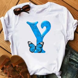 26 English Letters Butterfly Print T-shirt Short Sleeve Women Oversized T Shirt Tops Graphic T Shirts Harajuku