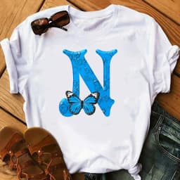 26 English Letters Butterfly Print T-shirt Short Sleeve Women Oversized T Shirt Tops Graphic T Shirts Harajuku