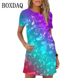 Summer Women Dress 3D Music Notes Patterns Print Mini Dress Streetwear Clothing Casual Short Sleeve Girls Woman Dress