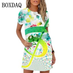 Summer Women Dress 3D Music Notes Patterns Print Mini Dress Streetwear Clothing Casual Short Sleeve Girls Woman Dress