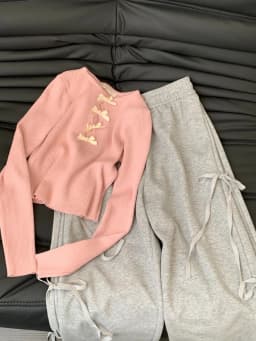 Korean Style Grey Sweatpants Women Spring Vintage Bow Lace-up Straight Wide Leg Pants Fashion Trend Loose Long Pants