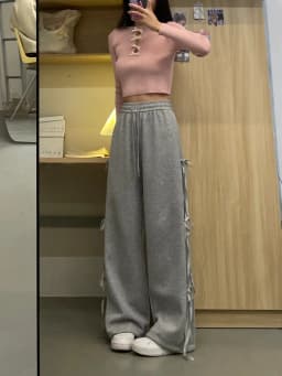 Korean Style Grey Sweatpants Women Spring Vintage Bow Lace-up Straight Wide Leg Pants Fashion Trend Loose Long Pants
