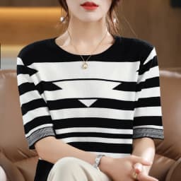 Women's T-shirt Spring/Summer 100% Cotton Knitwear Casual Striped Pullover Short Sleeve Round Neck Tees Loose Blouse
