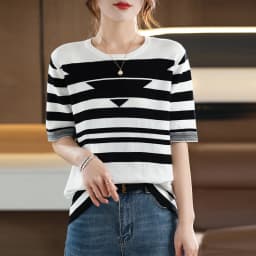 Women's T-shirt Spring/Summer 100% Cotton Knitwear Casual Striped Pullover Short Sleeve Round Neck Tees Loose Blouse