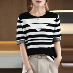 Women's T-shirt Spring/Summer 100% Cotton Knitwear Casual Striped Pullover Short Sleeve Round Neck Tees Loose Blouse