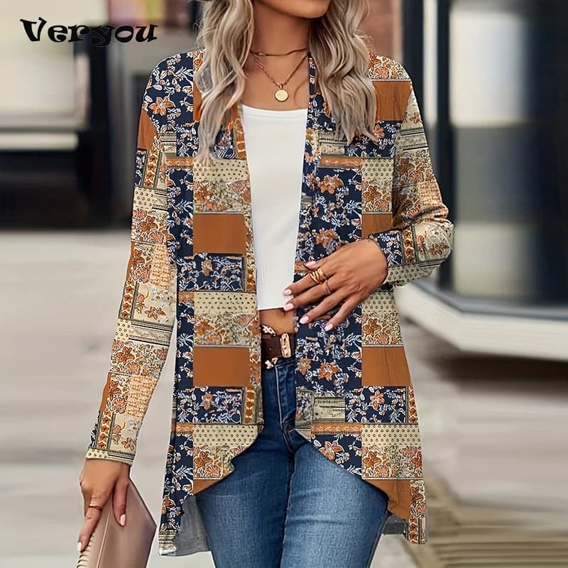 Elegant Cardigan For Women's Coats Fashion Women Jacket Turn Down Collar Vintage Print Jackets For Women Casual Loose Thin Tops