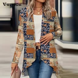 Elegant Cardigan For Women's Coats Fashion Women Jacket Turn Down Collar Vintage Print Jackets For Women Casual Loose Thin Tops