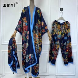 WINYI Middle East print kimonos 2 piece sets women outfit Long Cardigan And Wide Leg Pant Sets Pants Suits holiday beach cover u