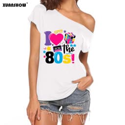 XUANSHOW 2024 Summer I Love the 80s Emotional Element T-shirt Sexy Off Shoulder Tops Short Sleeve Letters Printed Tee Shirt