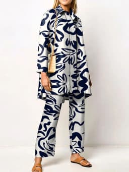 Ladies Streetwear Loose Straight Matching Set Women Elastic Waist Office Pants Suit Vintage Print Turn Down Collar Two Piece Set