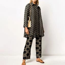 Ladies Streetwear Loose Straight Matching Set Women Elastic Waist Office Pants Suit Vintage Print Turn Down Collar Two Piece Set