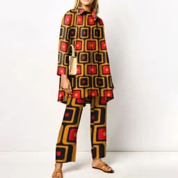 Ladies Streetwear Loose Straight Matching Set Women Elastic Waist Office Pants Suit Vintage Print Turn Down Collar Two Piece Set