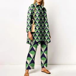 Ladies Streetwear Loose Straight Matching Set Women Elastic Waist Office Pants Suit Vintage Print Turn Down Collar Two Piece Set