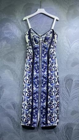 Summer Silk Bustier Midi Dress Women's Elegant Spaghetti Strap Porcelain Print Beach Party Sexy Bodycon Vacation Evening Dress