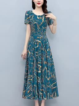 Summer Blue Print Short Sleeve Midi Dress Women Fashion Elegant Casual Holiday Robe 2024 Korean Bodycon Party Evening Long Dress