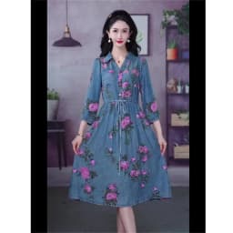4XL Lace-Up Dress 2023 Spring/Summer New Light Luxury Fashion Waist Covering And Slim Fit Peony Print Denim Dress V-Neck Dress